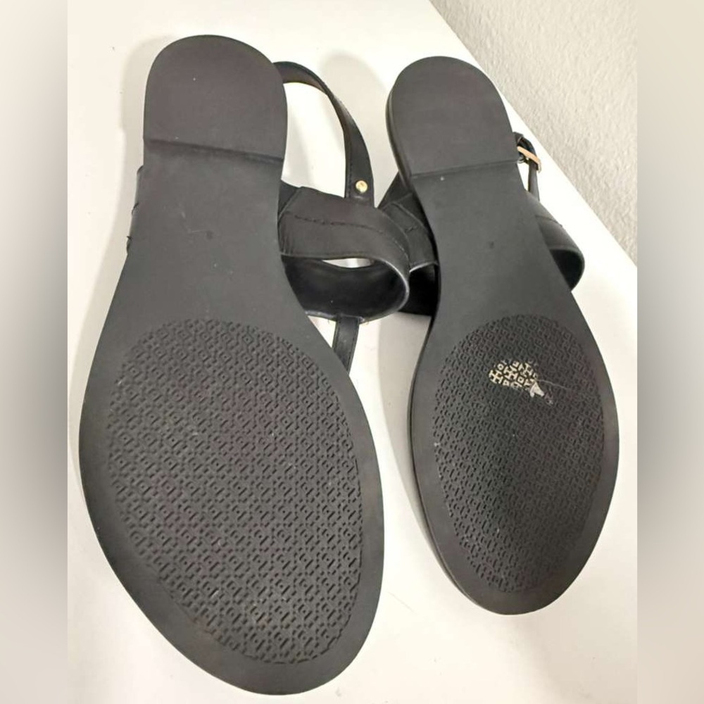 Tory Burch Black Leather Sandals with Gold Emblem - Picture 3 of 5